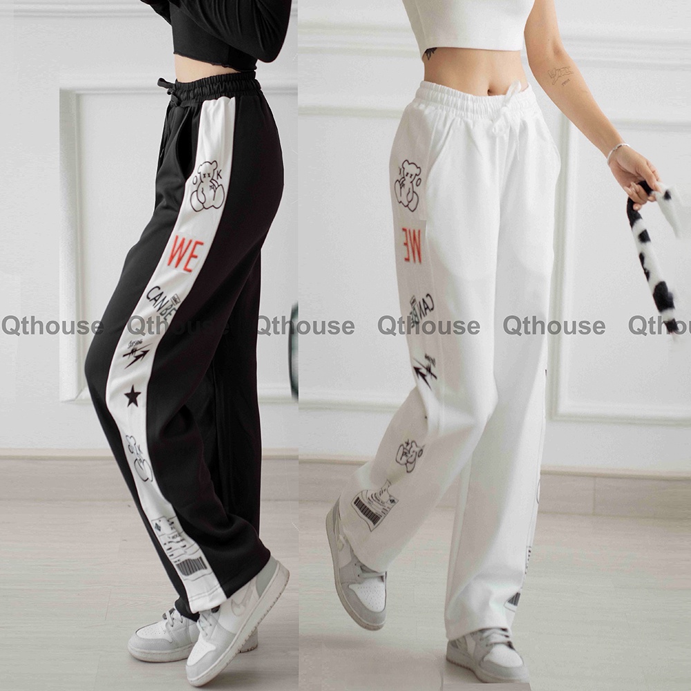 Quần jogger ống rộng nam nữ Qthouse, quần ống rộng lưng thun thể thao thiết kế dây rút mặc suông bo gấu