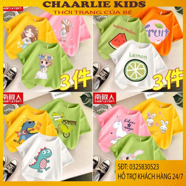 Áo Cộc Tay Mùa Hè Cho Bé Trai Gái Hình ChiBi Hoa Quả Cô Gái Khủng Long Từ 11 đến 32kg Chaarlie Store