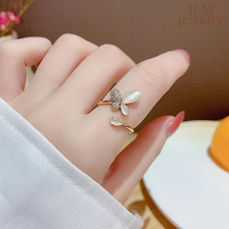 Nhẫn Dạng Hở Đính Đá Opal Hình Hoa Bướm Đơn Giản Thời Trang