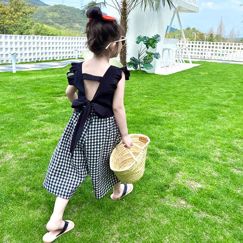 Set Áo Cổ Vuông Tay Cánh Tiên Màu Đen Phối Quần Dài Lưng Thun Phong Cách Hàn Quốc Thời Trang Mùa Hè Xinh Xắn Cho Bé Gái