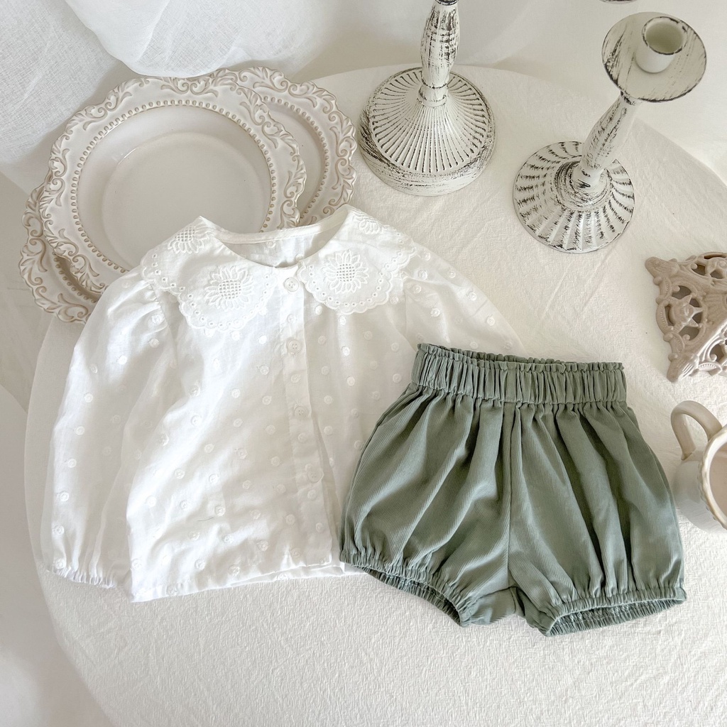 Bộ Áo Sơ Mi Tay Dài + Quần Short Màu Trơn Đơn Giản Thời Trang Cho Bé Gái 2313