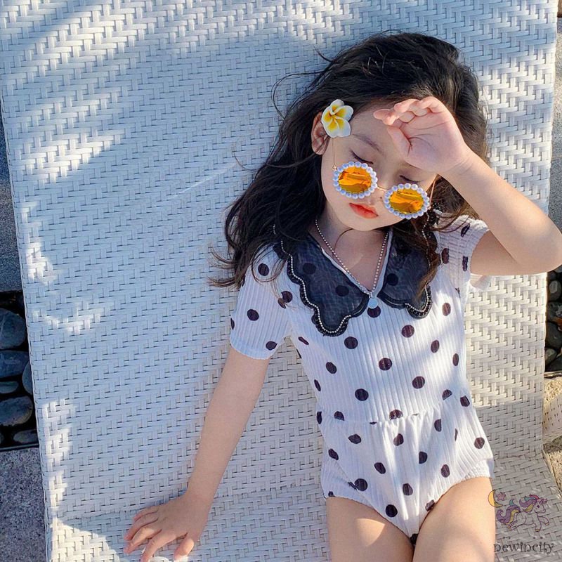 Bộ Đồ Bơi Cổ Búp Bê Kèm Mũ Họa Tiết Chấm Bi Phong Cách Hàn Quốc Cho Bé Gái