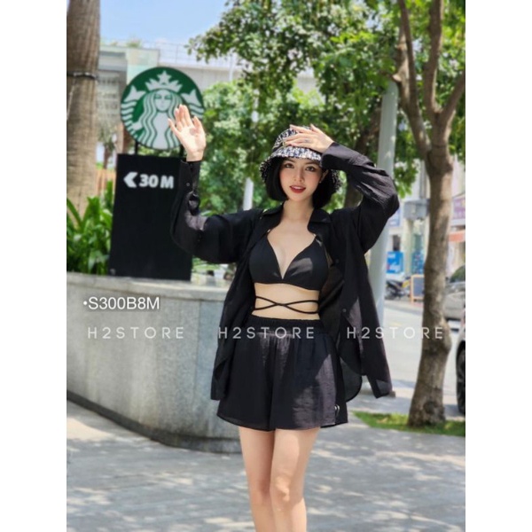 Set 3 món đi biển Bebedoll, Set bộ quần đùi sơ mi đũi form rộng khoác ngoài áo lụa kiểu cột nơ màu Xanh Rêu