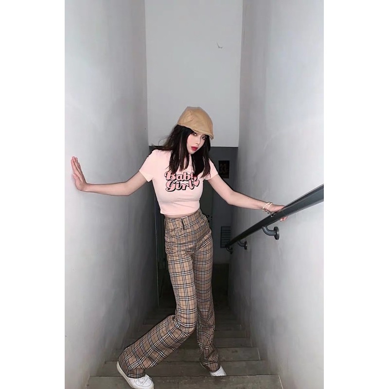 Quần dài kẻ bbr lưng cao ống suông