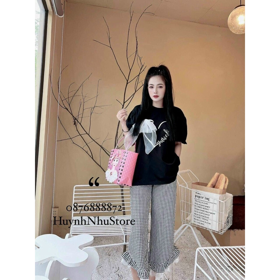 sét bộ cotton quần sọc caro phối áo tim nơ