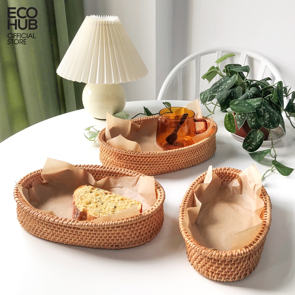Khay mây đan thủ công hình bầu dục đựng hoa quả, đồ ăn, decor, không bị mốc tiện dụng