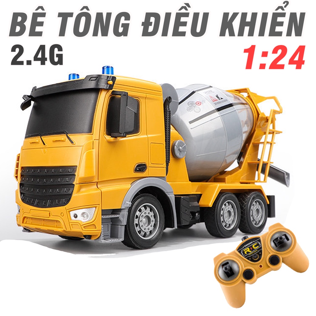 Xe chở bê tông điều khiển từ xa tỉ lệ 1:24 sóng 2.4G sử dụng pin sạc xe xoay thùng trộn và có đèn nháy sáng