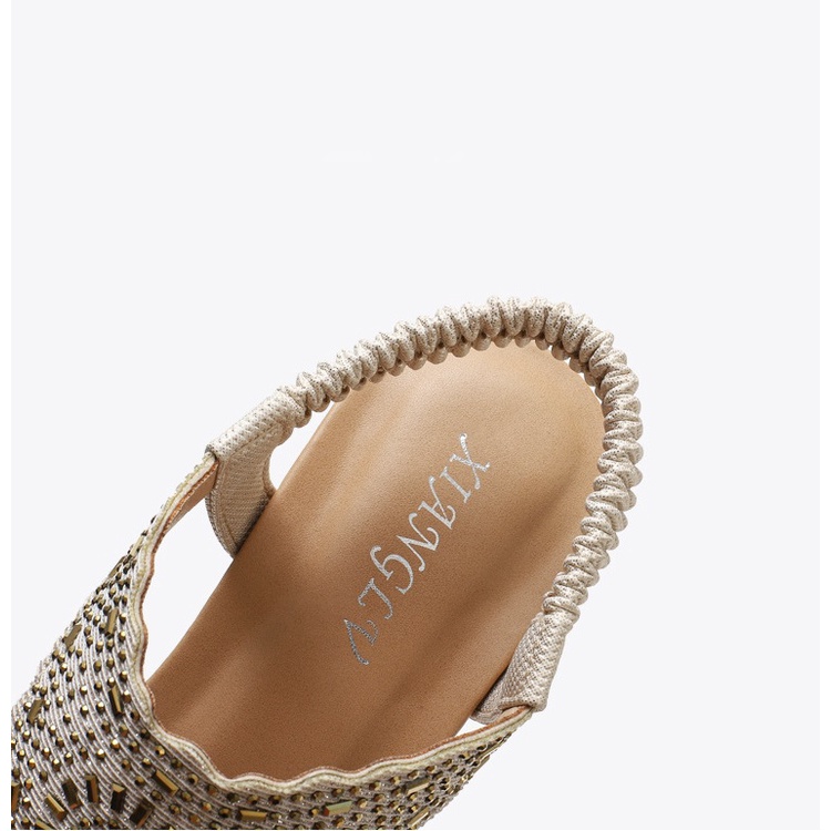 Giày sandal đế xuồng 5cm quai đính hạt ánh kim sang trọng