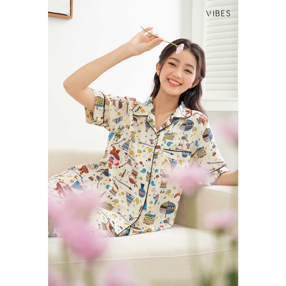 VIBES Bộ Pijama Lửng Mặc Nhà Owl Cream Capri Py Set