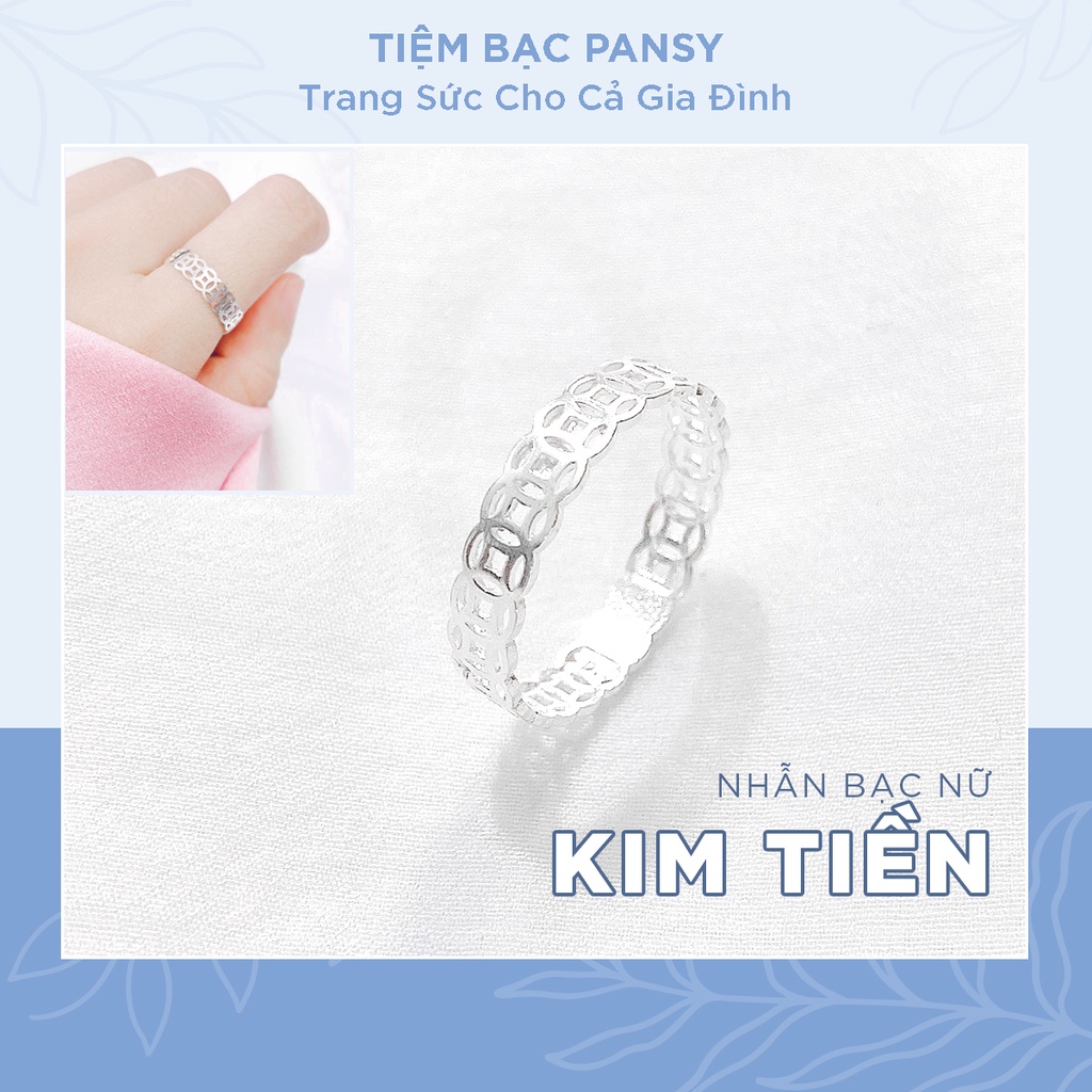 Nhẫn kim tiền bạc nữ PANSY tài lộc may mắn, nhẫn đồng tiền thời trang bằng bạc ta bản dày dặn