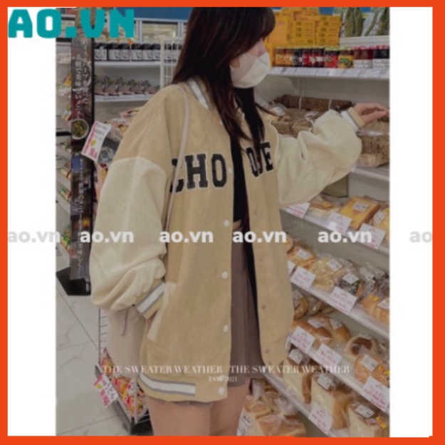 Áo khoác bomber nhung tăm cúc bấm thêu Choose ( Ảnh thật by TSW ) chuyensiquanaonugiare