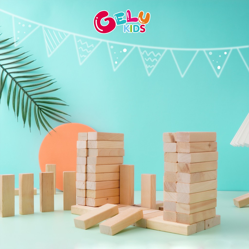 Bộ rút gỗ xếp hình Domino Montessori hình khối đồ chơi lắp ráp 54 thanh an toàn rèn luyện trí thông minh cho trẻ