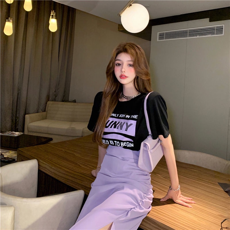 Set Áo Thun Ngắn Tay In Chữ + Chân Váy Lưng Cao Xẻ Tà Thời Trang Mùa Hè 2022