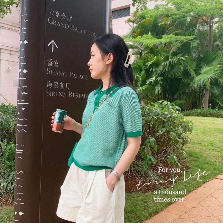 Áo thun Xiaozhainv cổ polo dệt kim tay ngắn dáng rộng thoáng khí phong cách Hàn Quốc có 3 màu sắc thời trang cho nữ