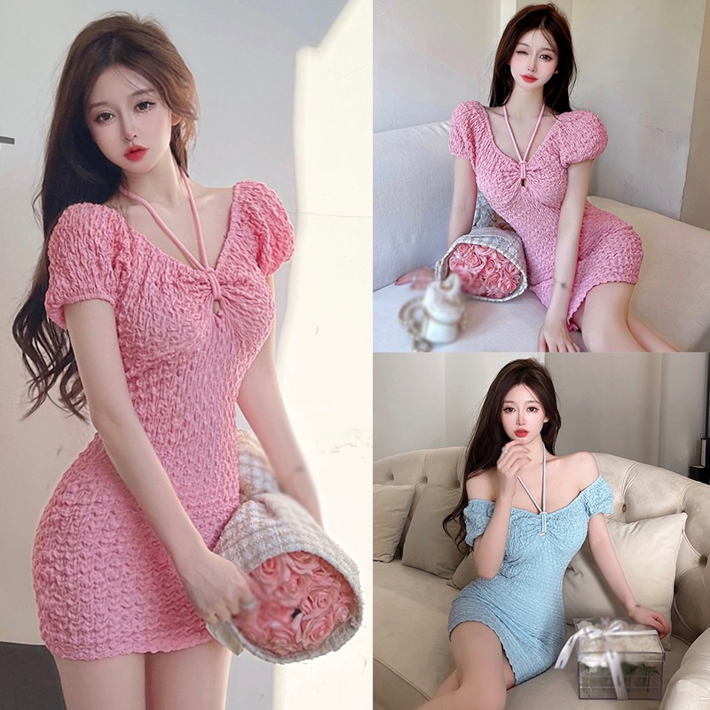 Đầm Tay Phồng Ngắn Hở Vai Màu Trơn Phong Cách Hàn Quốc Quyến Rũ Dành Cho Nữ