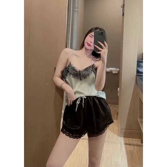 Set ngủ 2 dây lụa phối ren sexy cao cấp