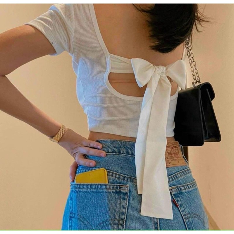 Áo croptop buộc nơ lưng vải thun gân - Z7N | BigBuy360 - bigbuy360.vn