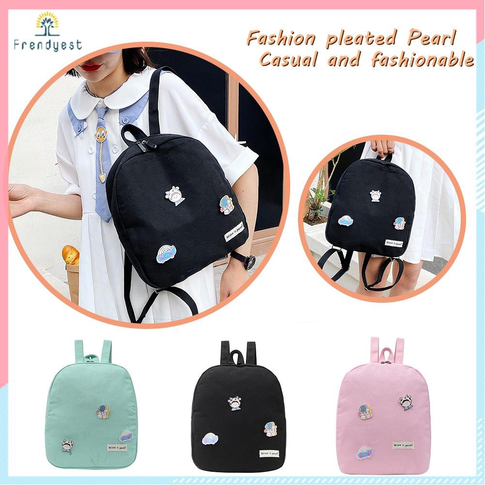 Vintage Women Canvas Solid Color Backpack Casual Knapsack Handbags Badges