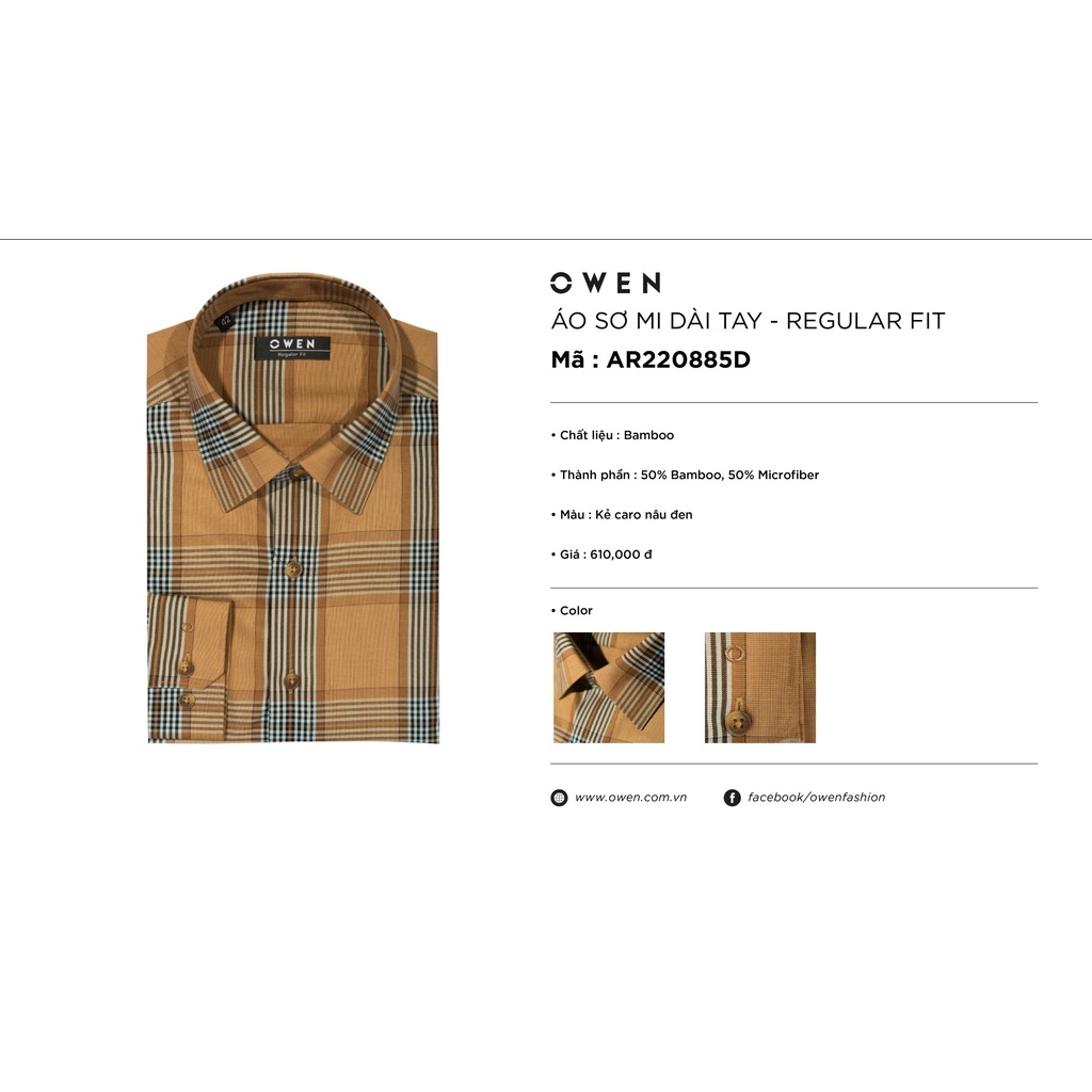 Áo Sơ Mi Nam Dài Tay OWEN AR220885D Somi Công Sở Vải Sợi Tre Cao Cấp Màu Kẻ Caro Nâu Đen Dáng Suông Tà Lượn Không Túi