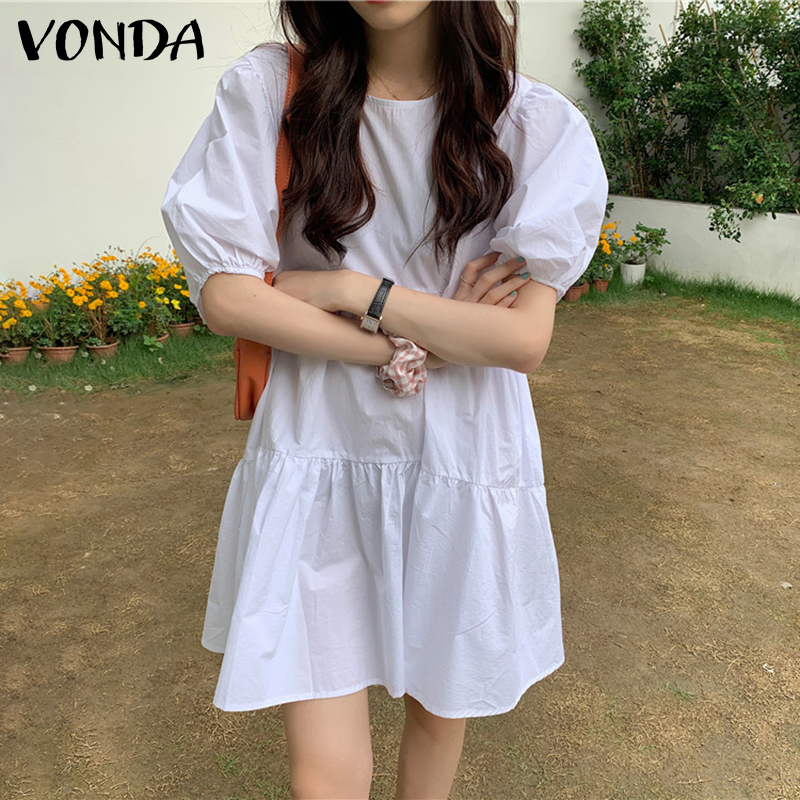 VONDA Women Casual Korean Short Sleeve Round Neck Loose Plain Pleated Short Dress