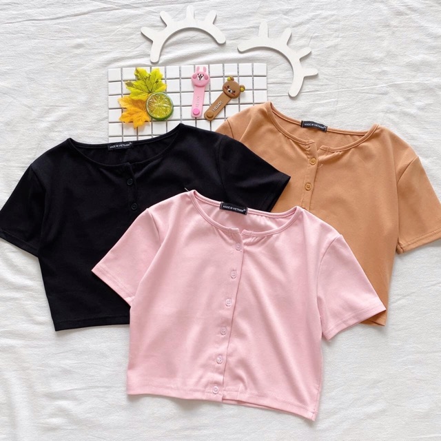 Áo Croptop Tay Ngắn Nút Kèm Ảnh Thật