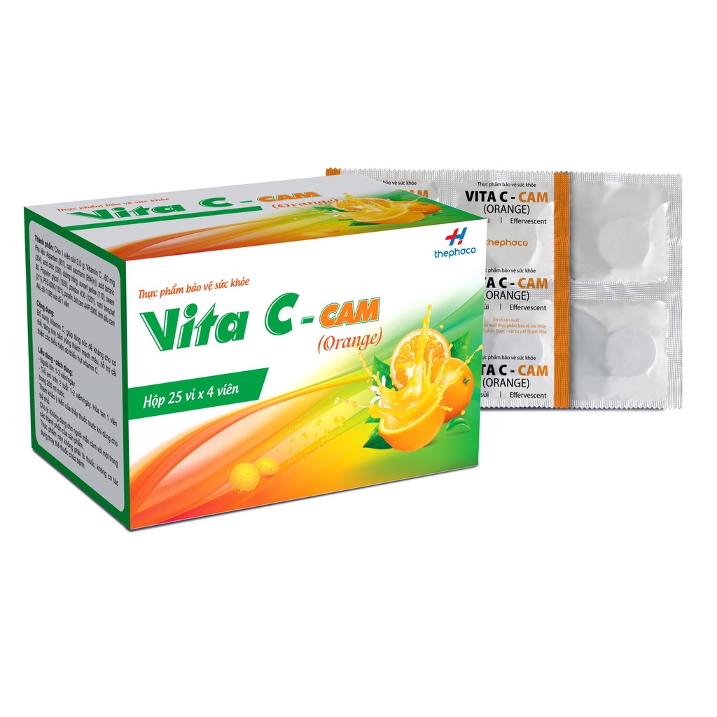 C sủi cam VITA C cam Thephaco vỉ nhôm 4 viên dạng xé tiện lợi ,hộp 25 vỉ