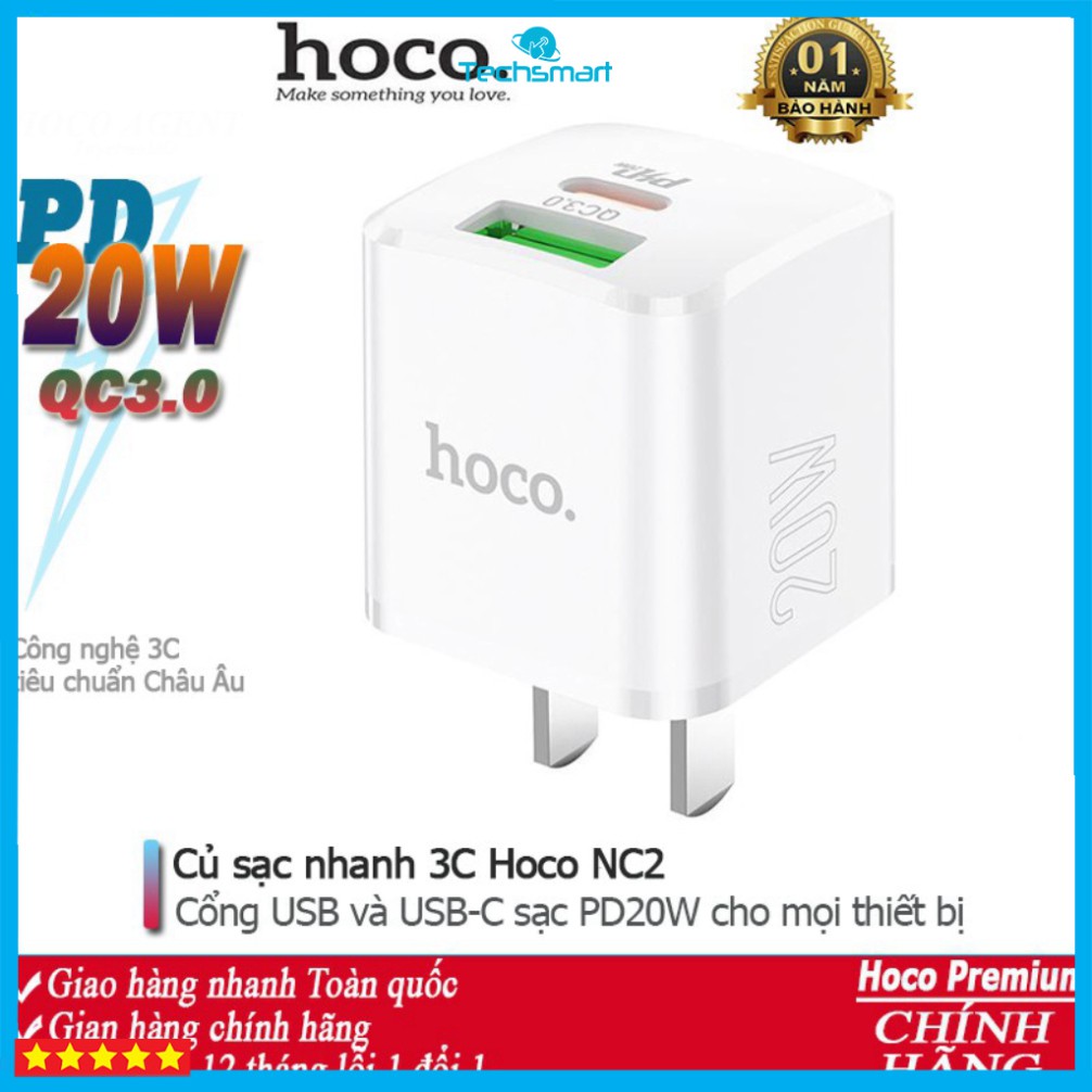 Củ sạc nhanh 3C Hoco NC2 dòng PD20W, QC3.0, cóc sạc dùng cho iPhone, iPad, Android - Chính hãng
