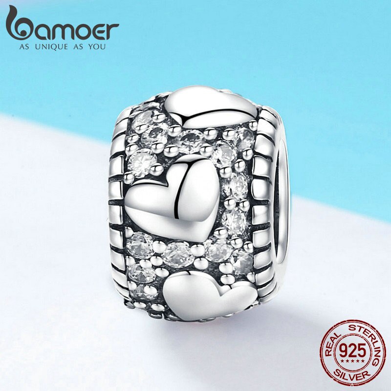 Hạt Bamoer SCC798 hình trái tim bằng bạc 925 đính đá CZ làm trang sức DIY cho nữ