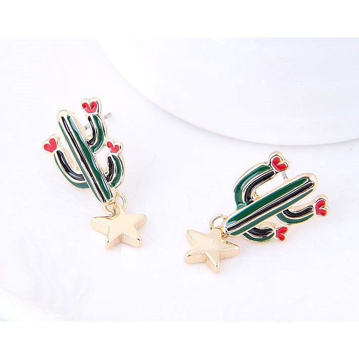 Bông tai hình xương rồng ngôi sao - Khuyên tai nữ kim loại - Cute Cartoon Cactus Earrings