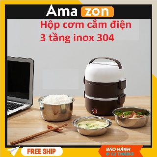 Hộp cơm hâm nóng 3 tầng cắm điện inox, hộp cơm 3 tầng ủ cơm tự động