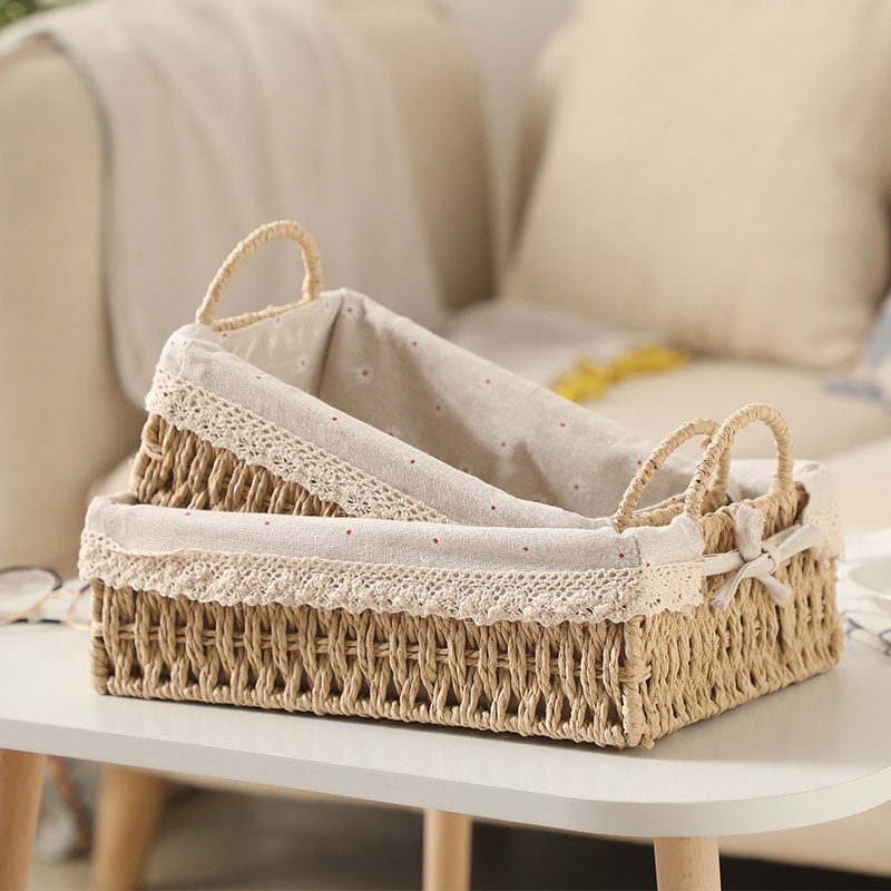 Giỏ mây đựng đồ, hộp đựng phụ kiện, có lót vải, phong cách vintage sang trọng