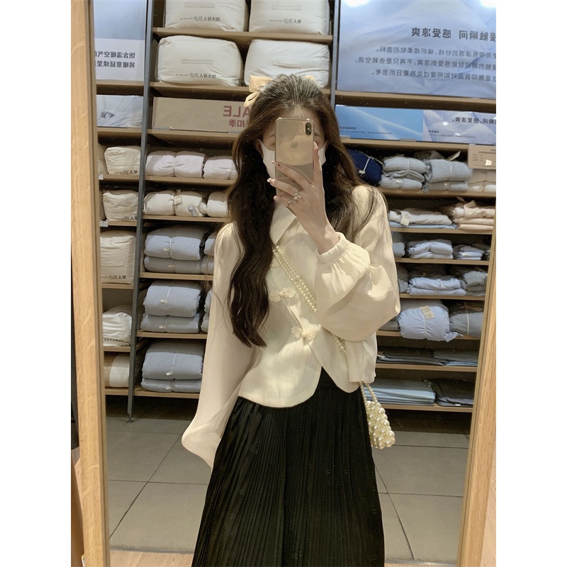 Áo sơ mi kiểu MURIOKI dáng ngắn thắt nút phong cách Trung Hoa 2022 thời trang cho nữ