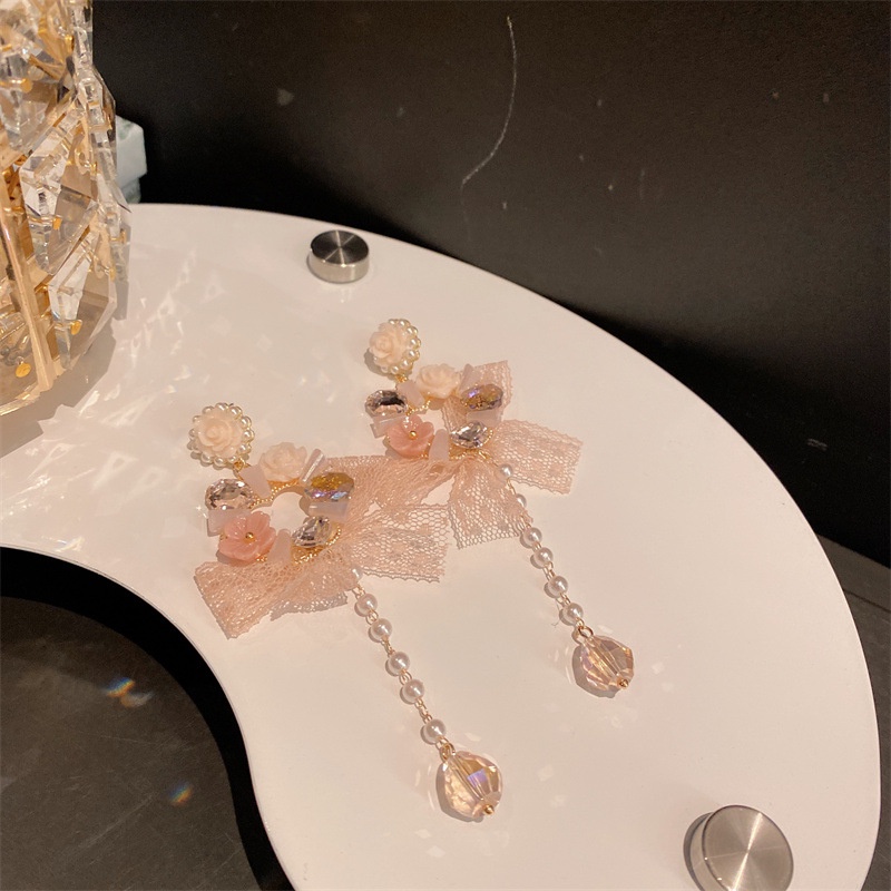 Bông Tai Đính Ngọc Trai Và Đá Hình Giọt Nước Phối Ren Tua Rua Phong Cách Hàn Quốc Sang Trọng Thời Trang 2022