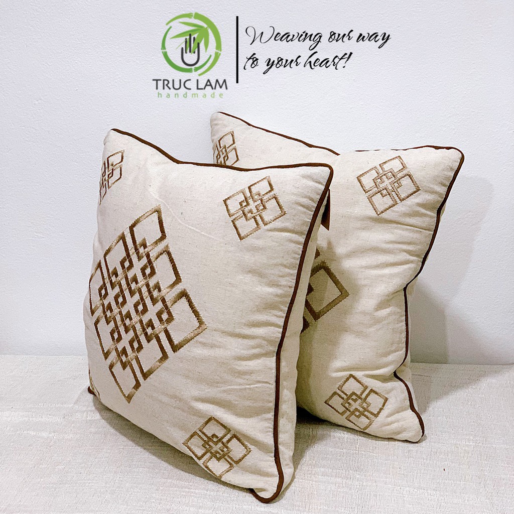Gối/Vỏ Gối Vuông Tựa Lưng Sofa (45x45) Trang Trí Phòng  Vải Linen Thêu Thủ Công Hình Ô Vuông Kép - Trúc Lâm Handmade
