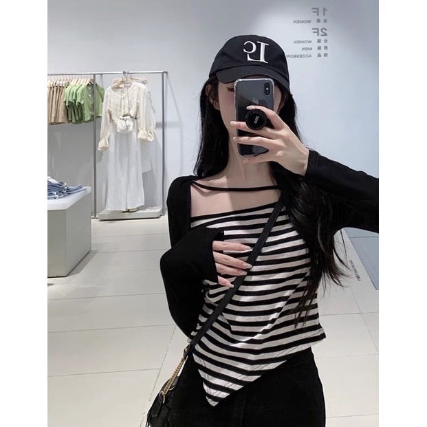 Áo thun kẻ tay dài vạt xẻ dây chéo cổ - hàng có sẵn