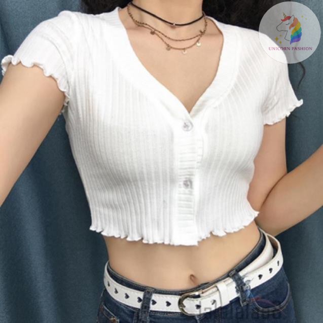 Áo Croptop Cổ Tim Thun Gân Ôm Body Phối Nút To Trắng Đen SHTACR04 Mys hitshop | BigBuy360 - bigbuy360.vn