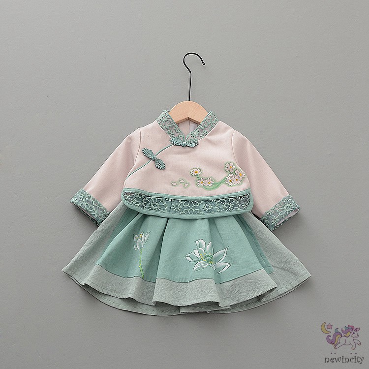 Đầm Nhung Phối Ren Phong Cách Trung Hoa Xinh Xắn Cho Bé Gái