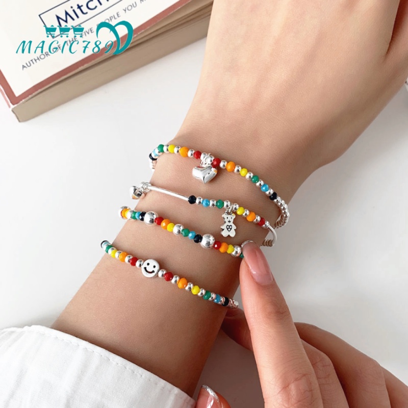 Vòng Tay Chuỗi Hạt Nhiều Màu Mặt Hình Gấu / Trái Tim Bằng Nhựa Resin Ma Thuật Thời Trang Cho Nữ Magic789