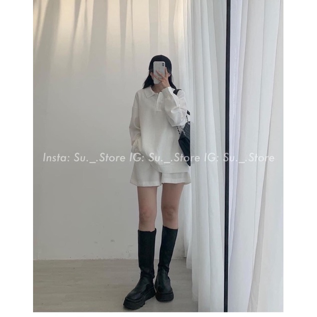 Set Basic Áo Cổ Somi Tay Dài Kèm Quần Short Dáng Năng Động