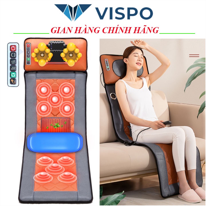 Đệm massage toàn thân Vispo đa điểm Rung, Nệm Massage Kèm Gối Massage (bảo hành 1 năm) - Model Vải da có Loa bluetooth