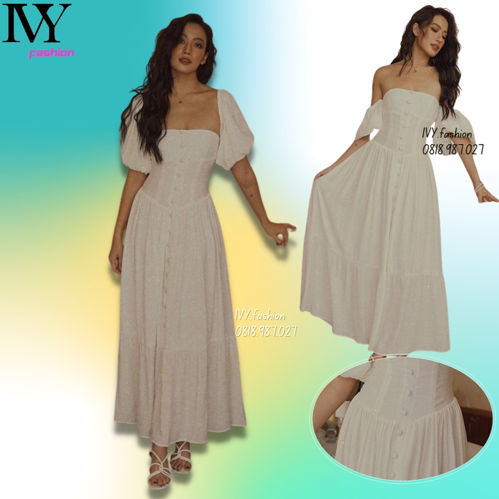 Đầm maxi trắng xòe 🔥vãi đũi🔥 trễ vai cúp ngực tay phồng cổ vuông ivy.fashion đi biển dự tiệc dạo phố bigsize gợi cảm