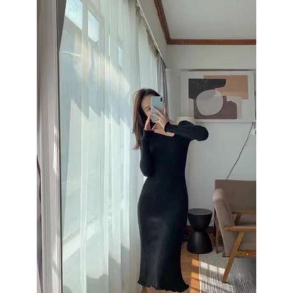 Sẵn -Váy len body đuôi cá cổ cut out thời trang, váy len dáng dài nữ Quảng Châu cao cấp