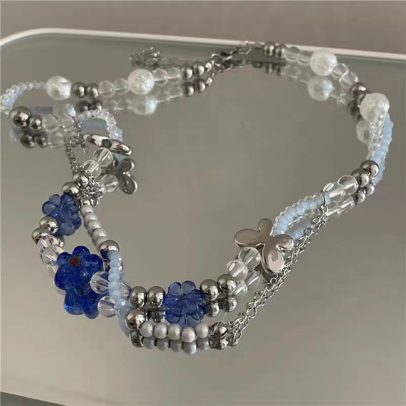 Dây Chuyền Hai Lớp Đính Hạt Pha Lê Xanh Dương Và Cánh Bướm Thời Trang Cho Nam Nữ 19A1586