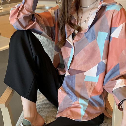 Áo sơ mi tay dài dáng rộng họa tiết hình học phong cách Hong Kong cổ điển thời trang mùa xuân  mới dành cho nữ