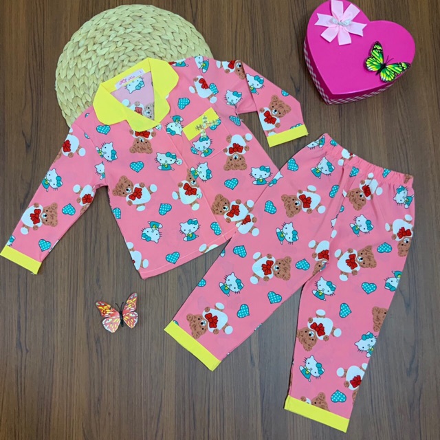 Bộ quần áo Pijama trẻ em vải Lụa dài tay họa tiết phối viền cho bé gái (12-32kg) - Hirokids