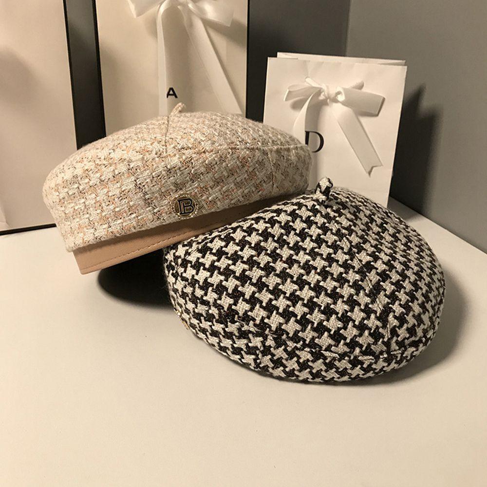 Mũ Beret Da PU Họa Tiết Sọc Caro Phong Cách Retro Thời Trang Mùa Đông Cho Nữ