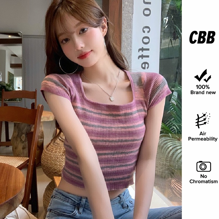 Porozi  Áo crop top dệt kim  thời trang Hàn Quốc kẻ sọc ngắn tay