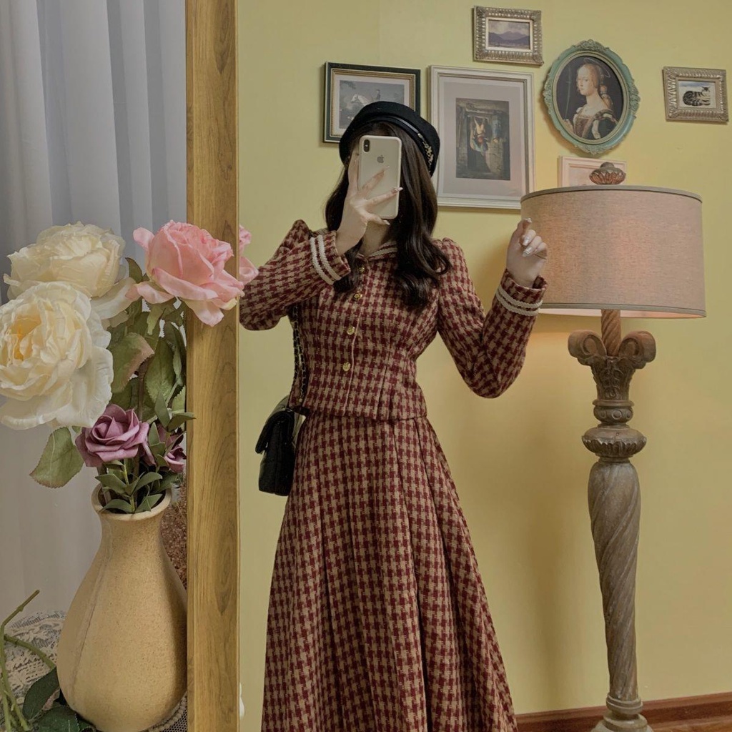 Bộ Áo Khoác + Chân Váy Xếp Ly Lưng Cao Sọc Ca Rô Thời Trang Giáng Sinh / Năm Mới Cho Nữ sm