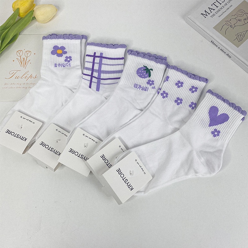 Set 5 đôi tất trắng nữ cao cổ Hoa Tím viền nhún ST16