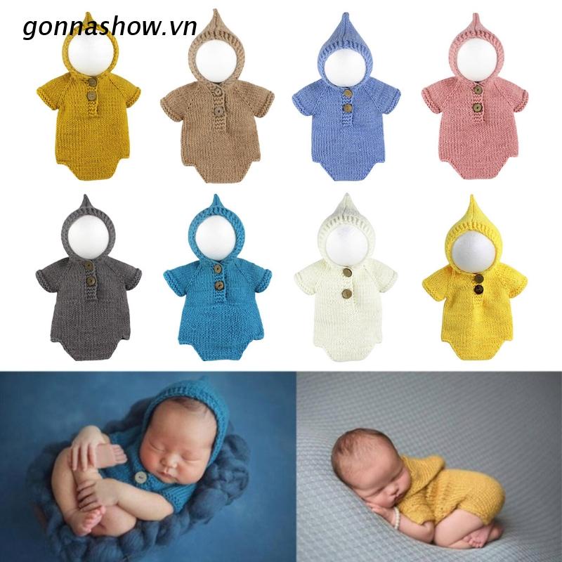 Bộ áo liền quần đan len có nón dùng làm phụ kiện chụp ảnh cho bé sơ sinh